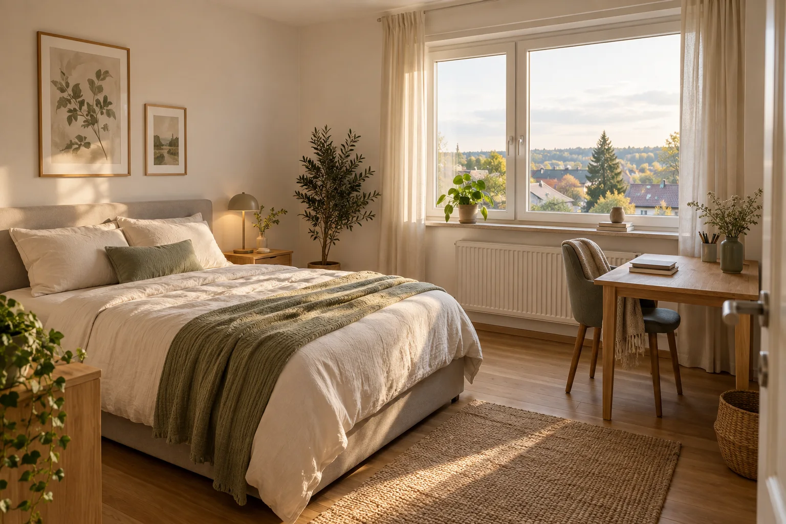 Illustrative furnished bedroom with an oak desk, cream bedding and soft daylight.