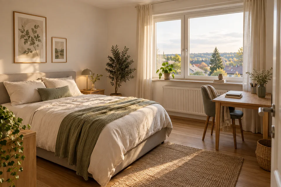 Illustrative furnished bedroom with an oak desk, cream bedding and soft daylight.