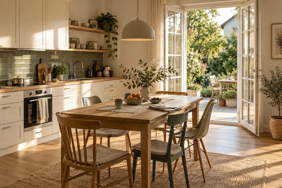 Illustrative shared kitchen with an oak dining table and doors opening to greenery.